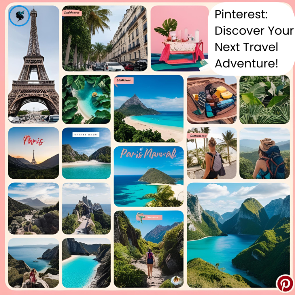 Pinterest: discover your next travel adventure. Many travel images and pinterest logo.